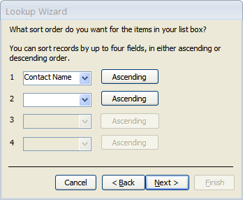 Lookup Wizard page on which you set the sort order