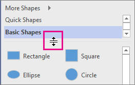 Click and hold to move the divider in the Shapes window