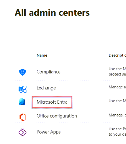 The admin centers menu in Microsoft 365 with the Azure Active Directory admin center highlighted.