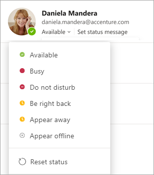 Status options, including: Available, Busy, Do not disturb, Be right back, Appear away, Appear offline