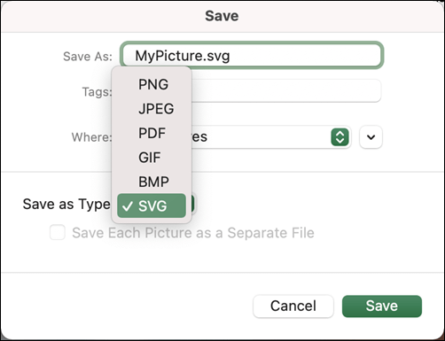 Save as dialog in Excel 2021 for Mac with SVG option selected