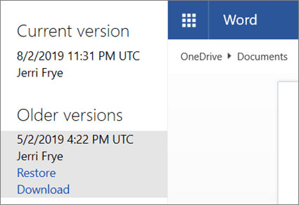Screenshot of older versions of a document showing in version history in OneDrive when signed in with a Microsoft account