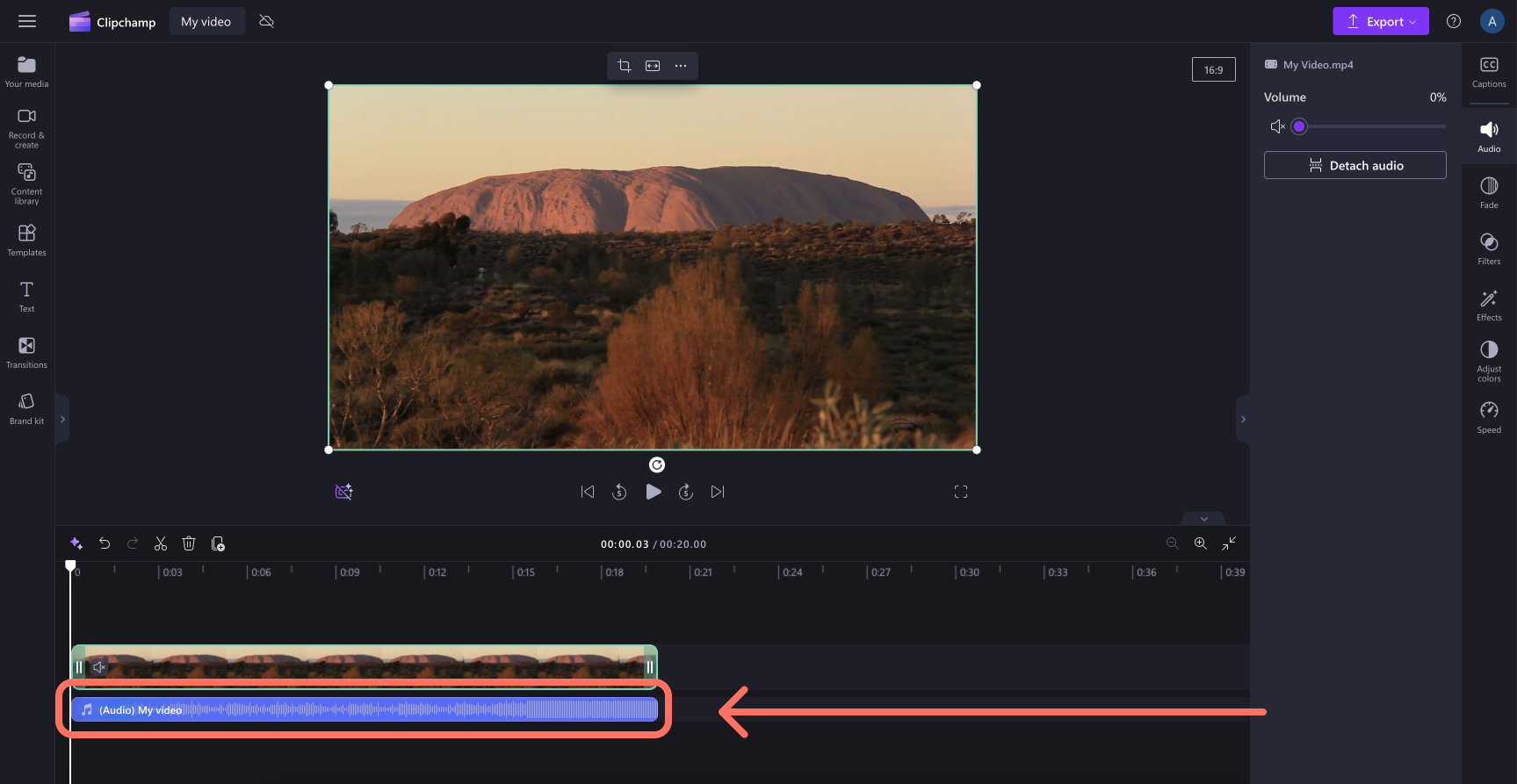 Image of a detached audio clip in the timeline