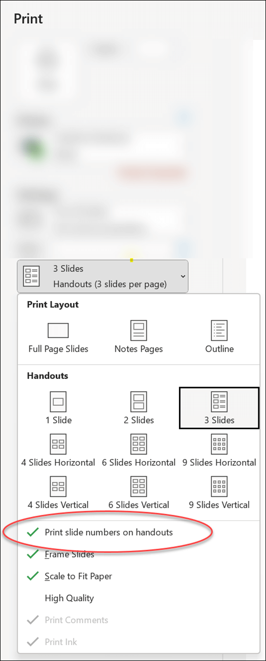 The Print dialog in PowerPoint showing the option to print slide numbers on handouts.