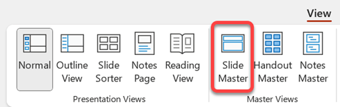 The Slide Master button on the View tab in PowerPoint.