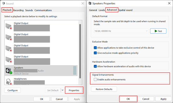 Turn off audio enhancements in Windows 11 Sound Settings.