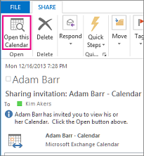 Open this Calendar button on a received calendar sharing invitation