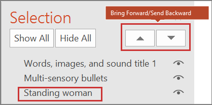 PowerPoint user interface showing items in Selection Pane and Bring Forward/Send Backward buttons.