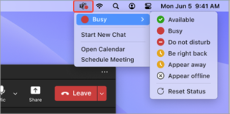 Screenshot showing the Teams app icon in the Mac menu bar selected, with available quick actions.