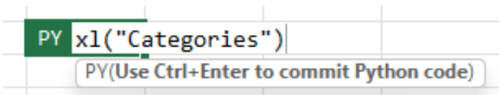 Screenshot shows a Python in Excel cell containing the xl("Categories") formula.