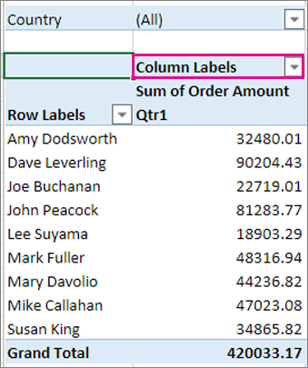 Columns area in the PivotTable