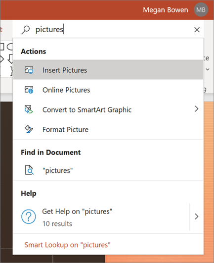 The Search box in action in PowerPoint with pictures being searched for,