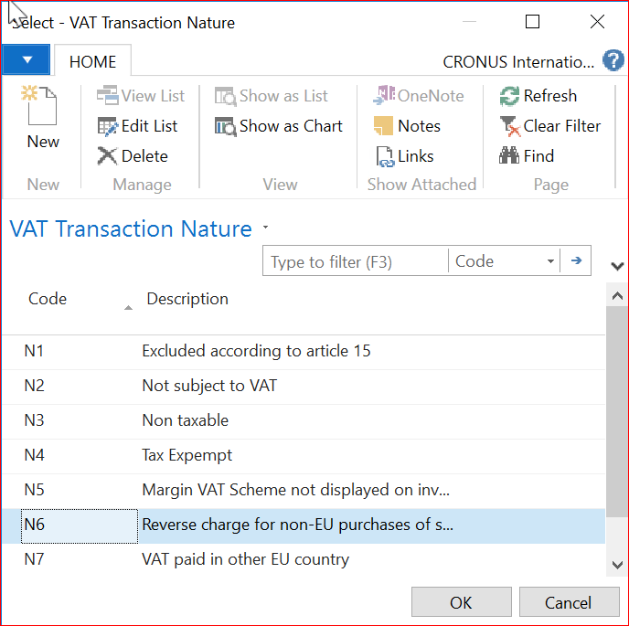 Screenshot for the VAT Transaction Nature window