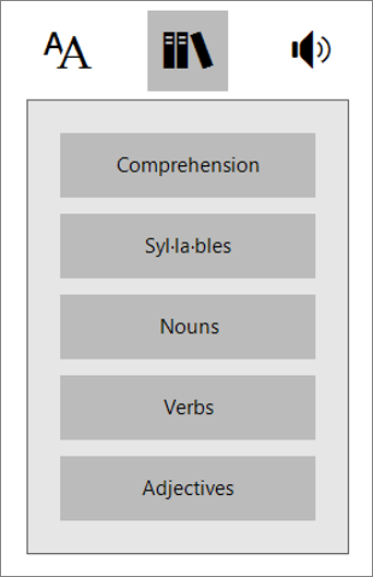 Parts of Speech menu in Immersive Reader, part of Learning Tools for OneNote.