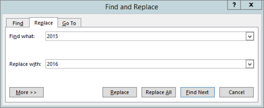 Replace tab in the Find and Replace dialog box