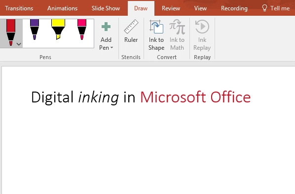 "Hello" is written on the PowerPoint canvas in digital ink.