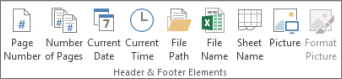 Header and footer elements group on the Design tab of the Header and footer tools