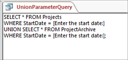 Two-part union query with the following clause in both parts: WHERE StartDate = [Enter the start date:]