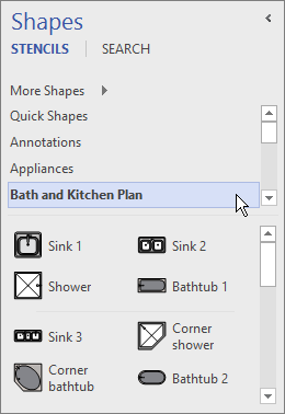 Visio displays shapes from the selected stencil, Bath and Kitchen Plan