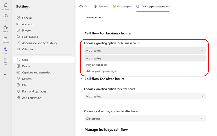 Screenshot showing greeting option menu for business hours