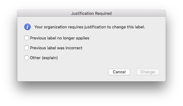 Sensitivity label downgrade justification experience in Mac Word