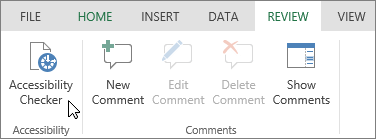 Screenshot shows the Review tab with the cursor pointing to the Accessibility Checker option.