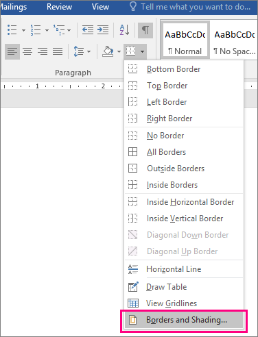 The Borders and Shading option is highlighted on the Home tab (under Borders).