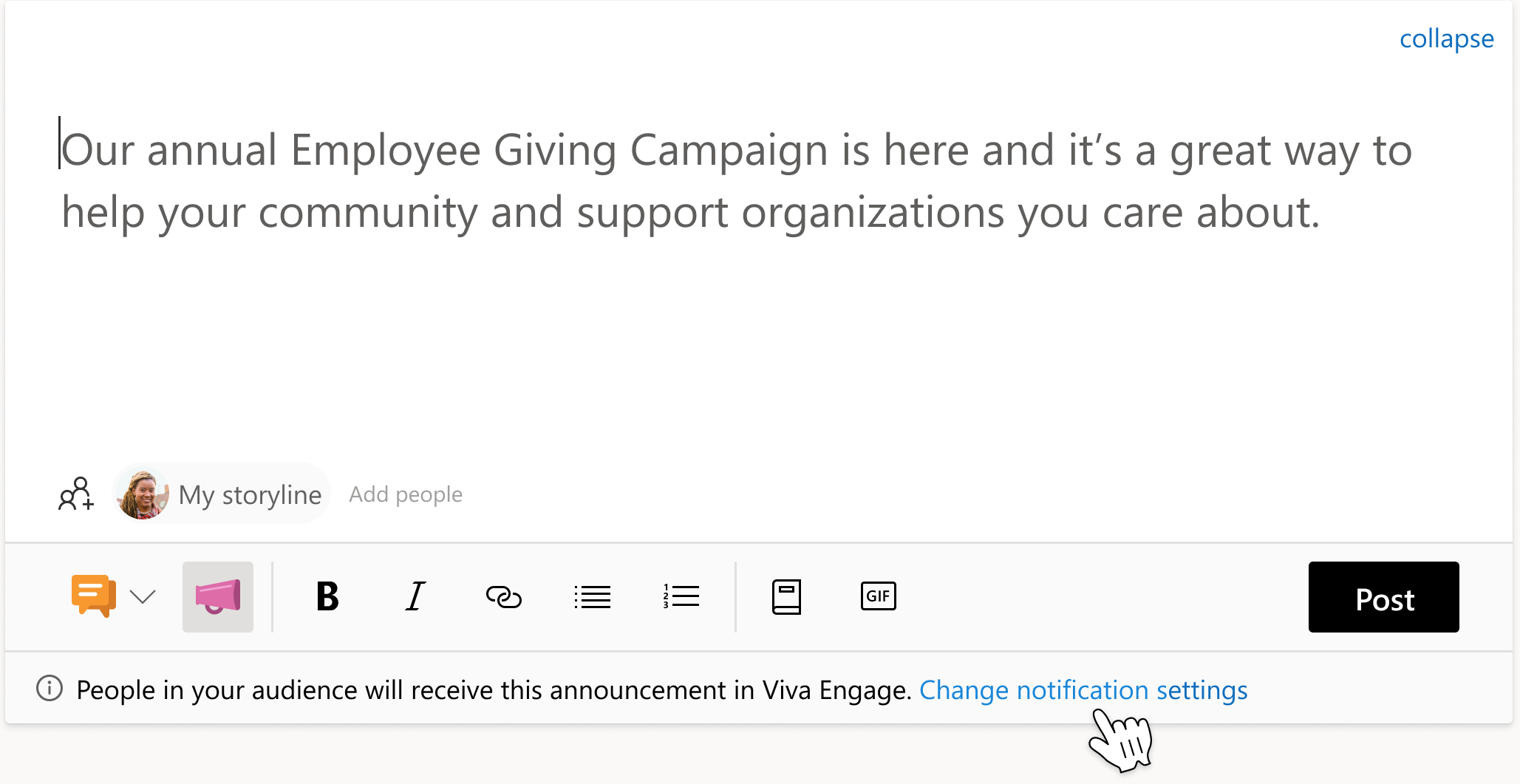 Image of the interface for changing your storyline announcement settings in Viva Engage