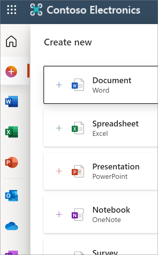 New: opening screen of Office.com show icons to open a new doc or Word, Excel, etc.