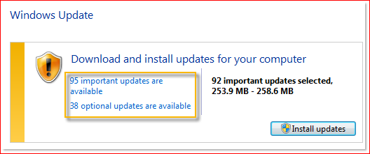 En la ventana de Windows Update, seleccione Actualizaciones importantes disponibles o Actualizaciones opcionales disponibles