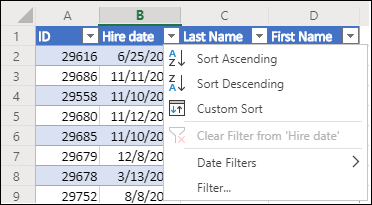 Use Excel's Table Filter to sort in Ascending or Descending order