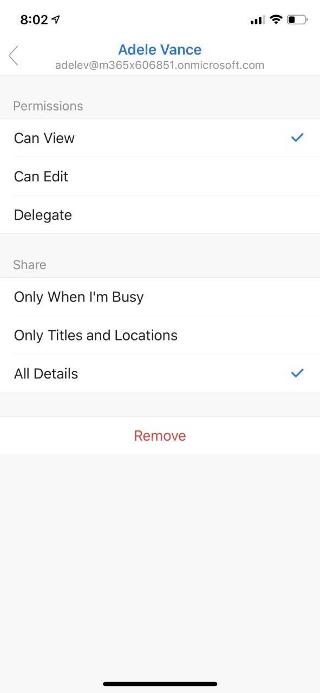 Shows a mobile screen with the name of a person at the top, and permissions options and sharing options listed below.
