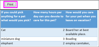 Print preview of survey questions and answers.