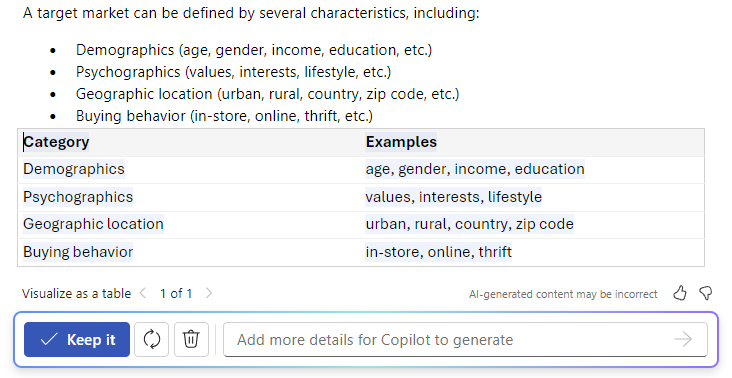 Screenshot of Copilot in Word showing the text to table capability