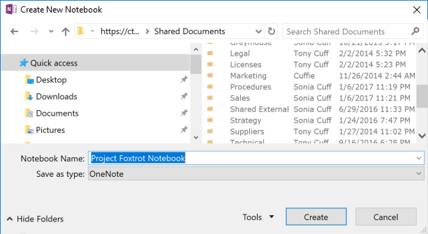 OneNote for Windows 2016 Create New Notebook dialog