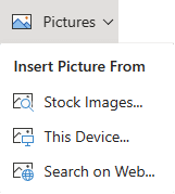 On the Insert tab of the ribbon, select Pictures, and then on the menu choose the type of picture you want.