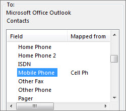 Handy-pH wird dem Outlook-Feld „Mobiltelefon