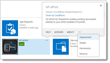 The Deployment command is available in the properties callout for an app on the App Catalog site.