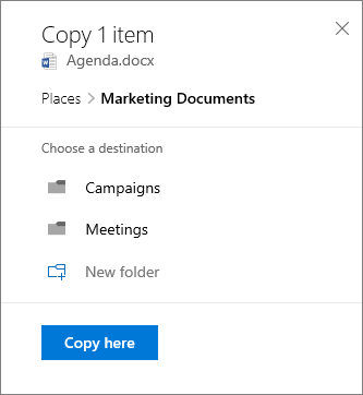 Screenshot of choosing a location when copying a file to SharePoint