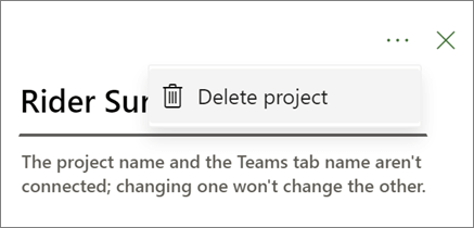 Screen shot showing Delete project command in drop down from Project Teams tab ellipses.