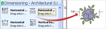 The Horizontal shape from the Dimensioning stenicl shows the size of a shape on the drawing page.