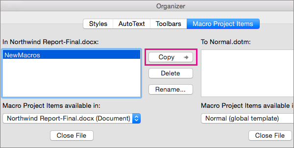 Select a macro in a document, and then click Copy to copy it to a selected template.