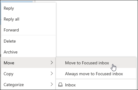 A screenshot shows the right-click menu with the Move to Focused inbox and Always move to Focused inbox options.