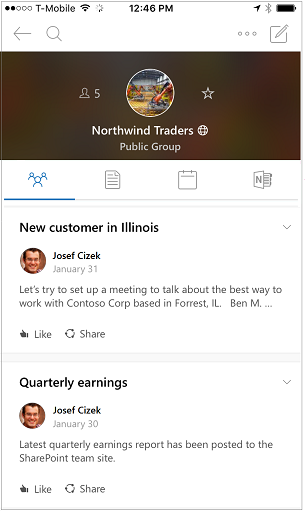 Conversation view of the Outlook Groups mobile app