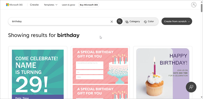 Search results for birthday templates.