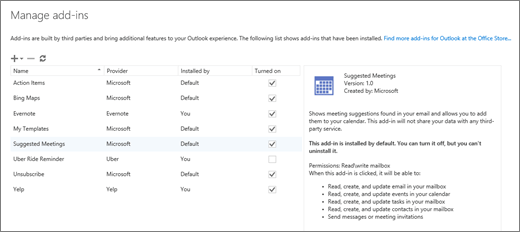 Screenshot of the "Manage add-ins" window where you can add or remove add-ins, view information about an add-in, and go to the Office Store to find more add-ins for Outlook. The Suggested Meetings add-in is selected, and information about it is shown.