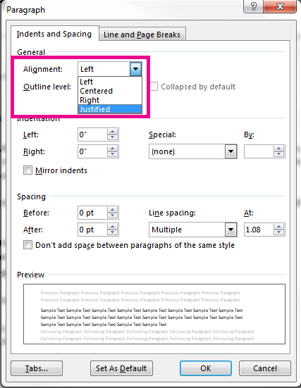 In the Paragraph dialog box, specify the direction of alignment.