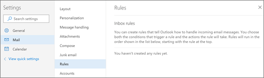 A screenshot shows the Rules page in Mail in Settings for Outlook.com.