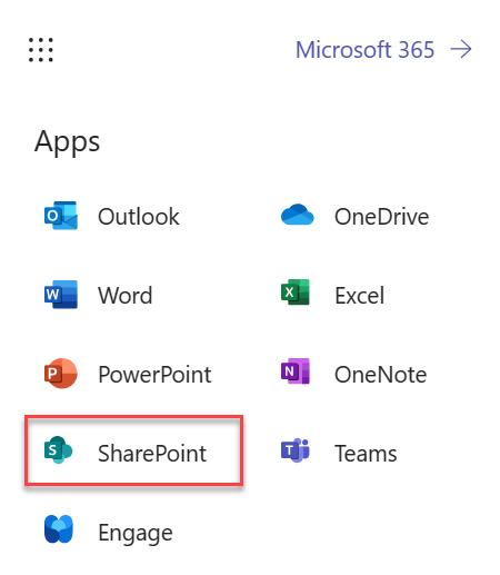 Screenshot on how to launch SharePoint from M365