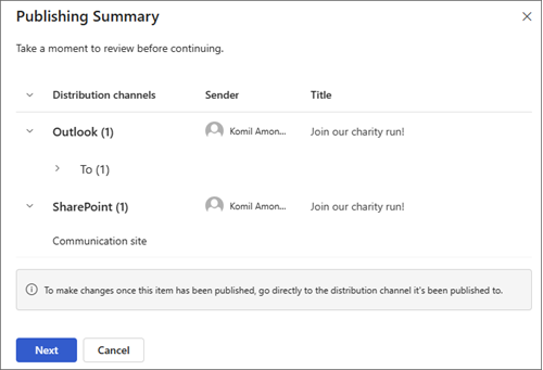 Screenshot of the publishing summary showing selected communication channels.